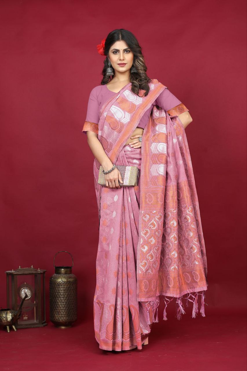 Pink Pure Linen Silk Saree