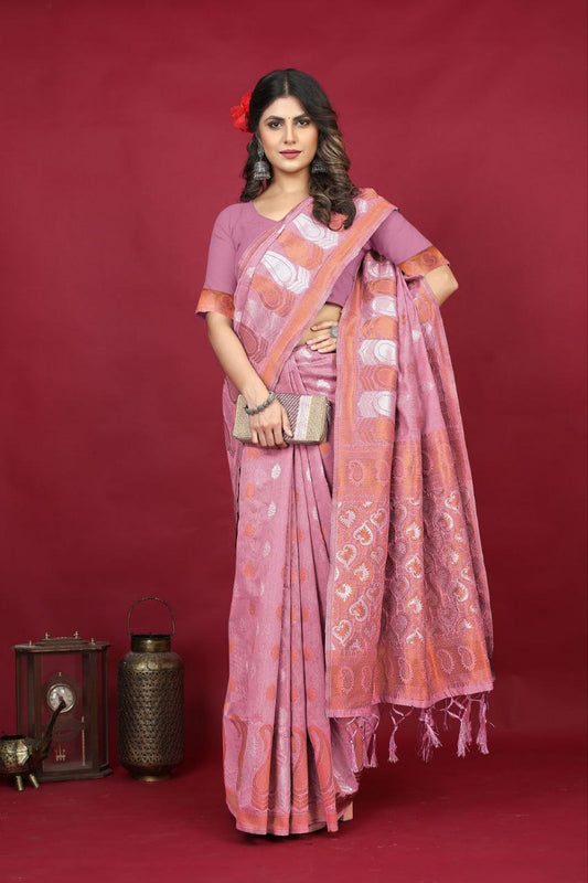 Pink Pure Linen Silk Saree