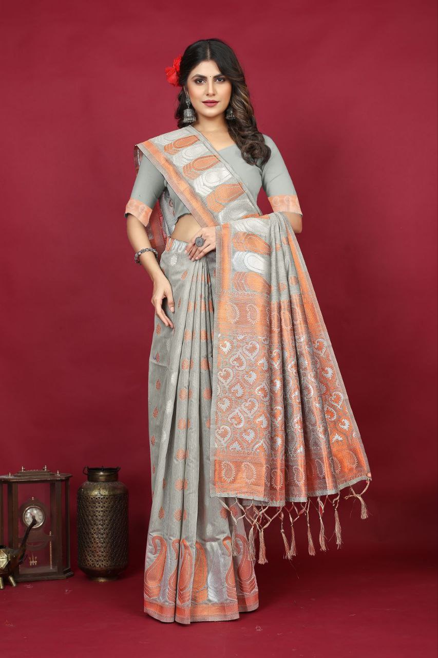 Gray Pure Linen Silk Saree