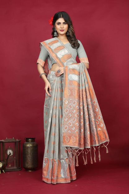 Gray Pure Linen Silk Saree