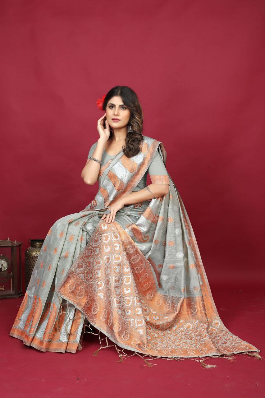 Gray Pure Linen Silk Saree