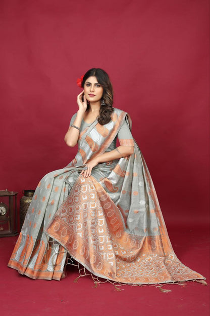 Gray Pure Linen Silk Saree