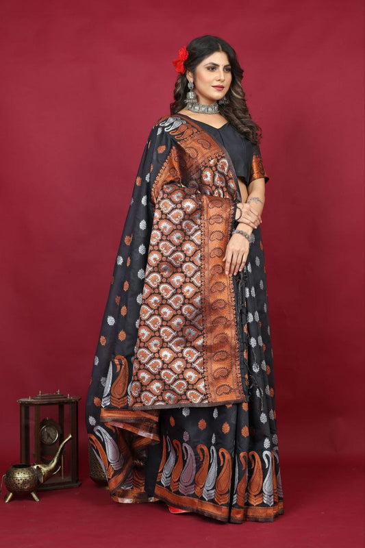 Black Pure Linen Silk Saree