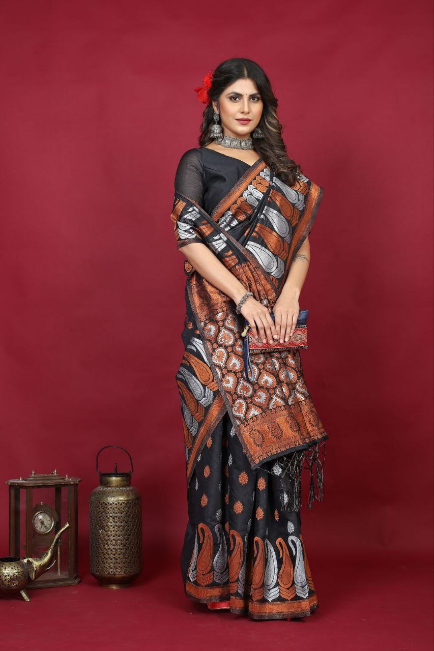 Black Pure Linen Silk Saree