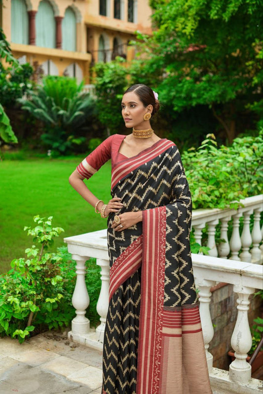 Black Raw Silk Two Tone Weaving Saree