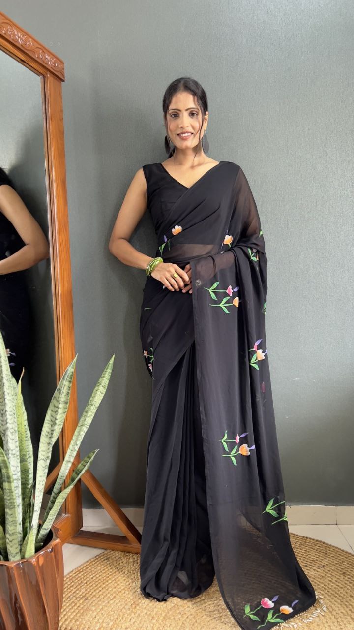 Black Ready To Wear Georgette Saree
