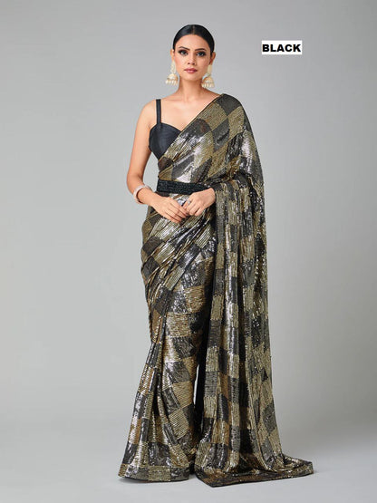 Black Stylish Bollywood Sequince Georgette Saree | Replica Design