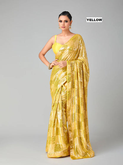 Yellow Stylish Bollywood Sequince Georgette Saree | Replica Design