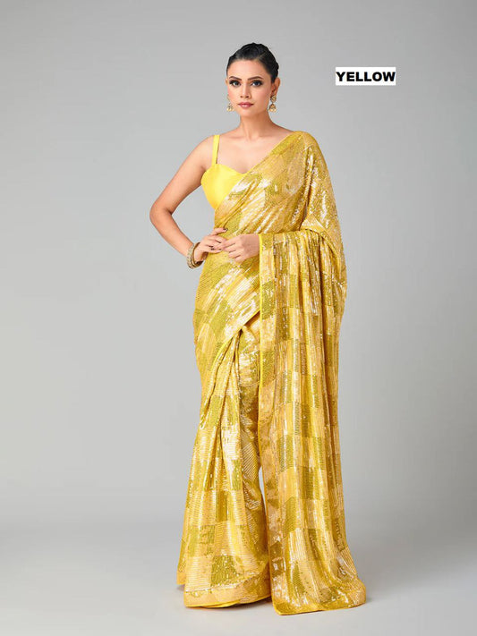 Yellow Stylish Bollywood Sequince Georgette Saree | Replica Design