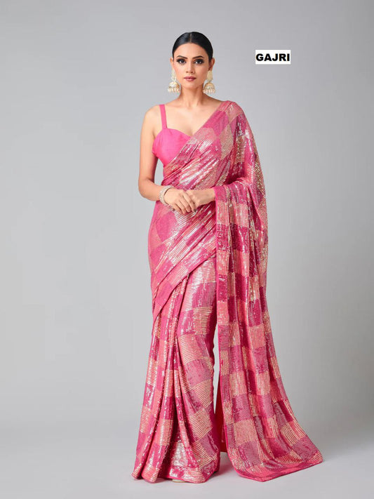 Gajri Stylish Bollywood Sequince Georgette Saree | Replica Design