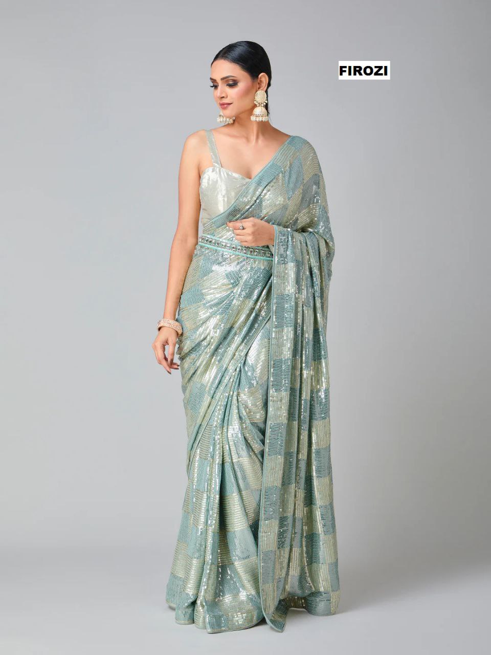 Firozi Stylish Bollywood Sequince Georgette Saree | Replica Design