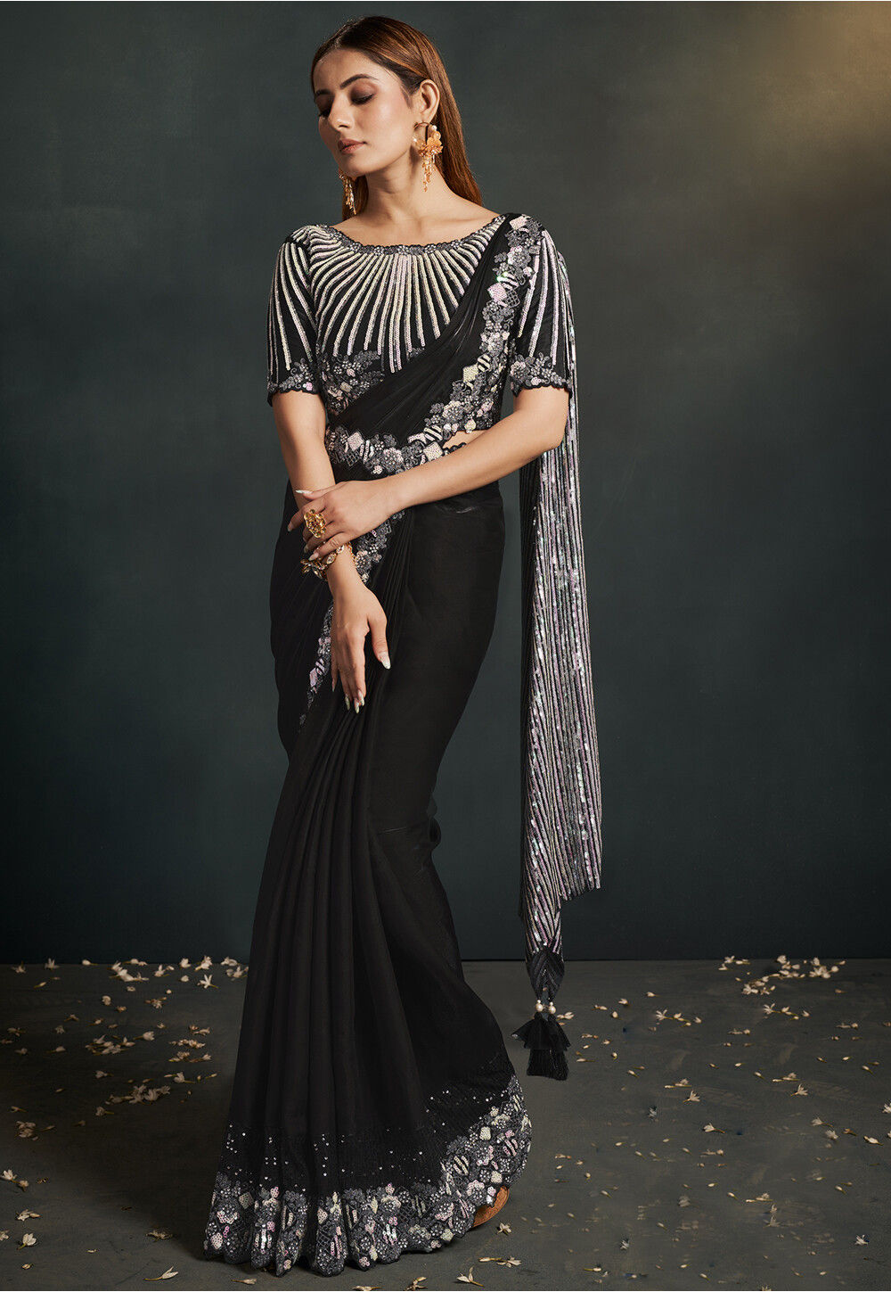 Black Stylish Pre-Stitched Saree With Belt | Original Saree