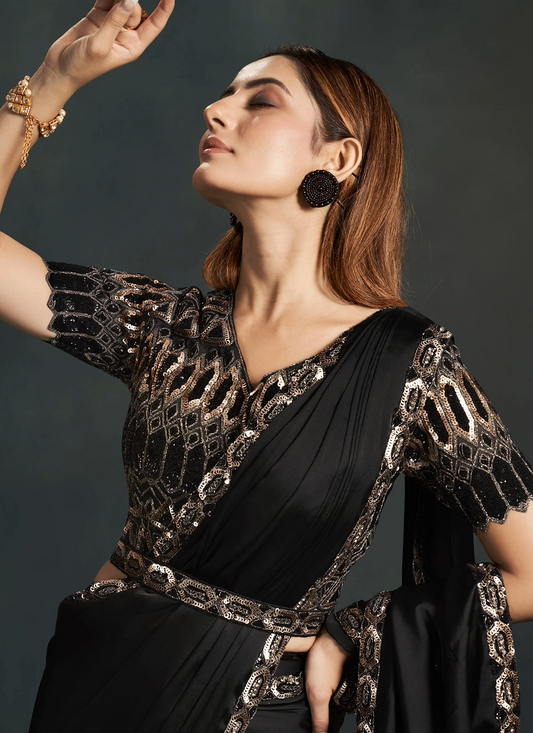 Black Stylish Pre-Stitched Saree With Belt | Original Saree