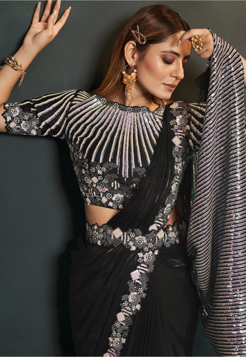 Black Stylish Pre-Stitched Saree With Belt | Original Saree