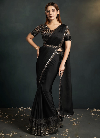 Black Stylish Pre-Stitched Saree With Belt | Original Saree