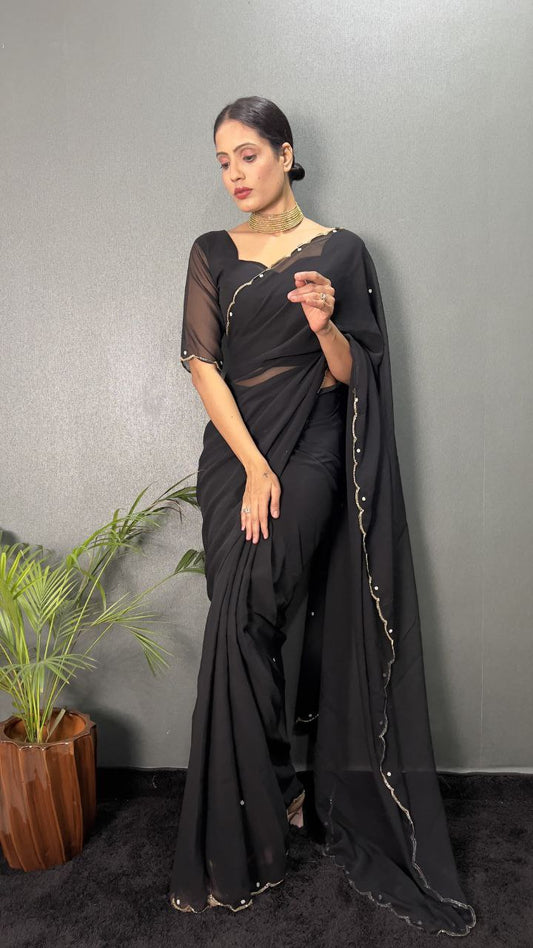 Black Stylish Ready Made Georgette Saree