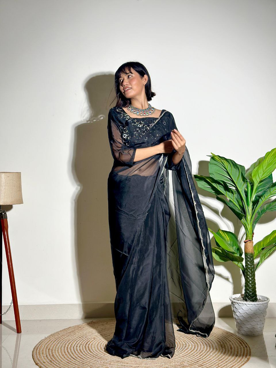 Black Tabby Organza Silk Saree