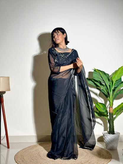 Black Tabby Organza Silk Saree
