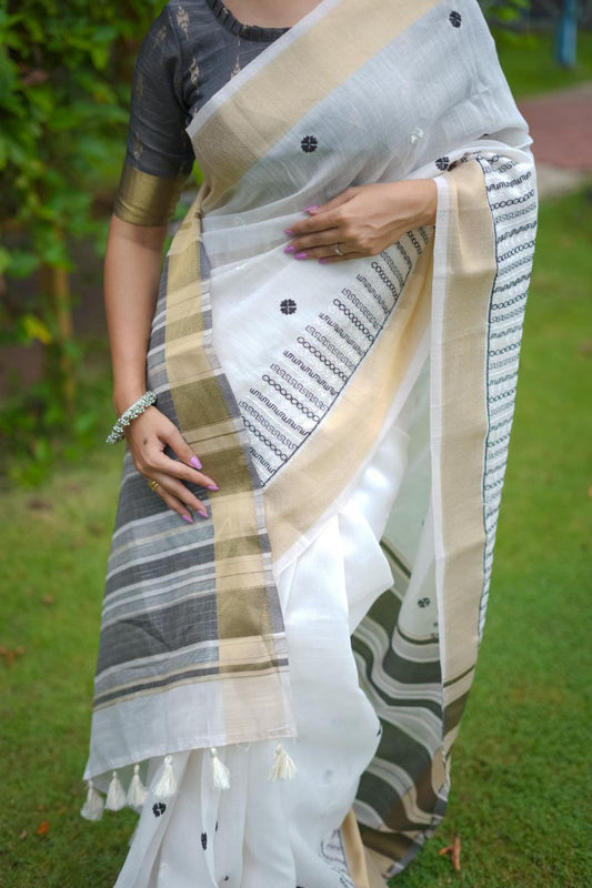 Black & White Soft Linen Cotton Saree