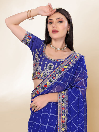 Blue Bandhej Printed Georgette Saree