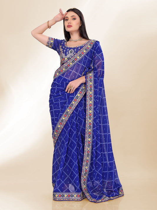 Blue Bandhej Printed Georgette Saree
