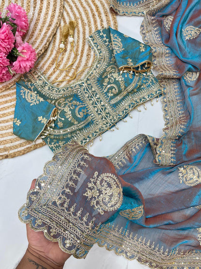 Blue Designer Fandy Chiffon Two Tone Saree