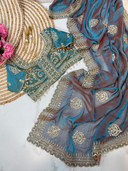 Blue Designer Fandy Chiffon Two Tone Saree