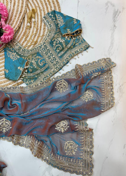 Blue Designer Fandy Chiffon Two Tone Saree
