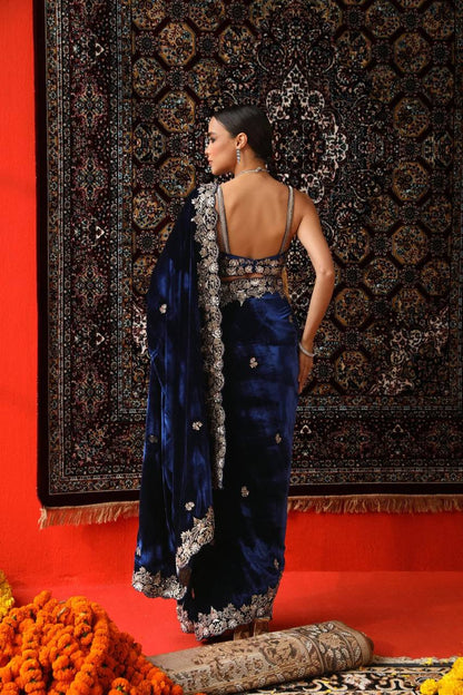 NavyBlue Designer Wedding Wear Velvet Saree