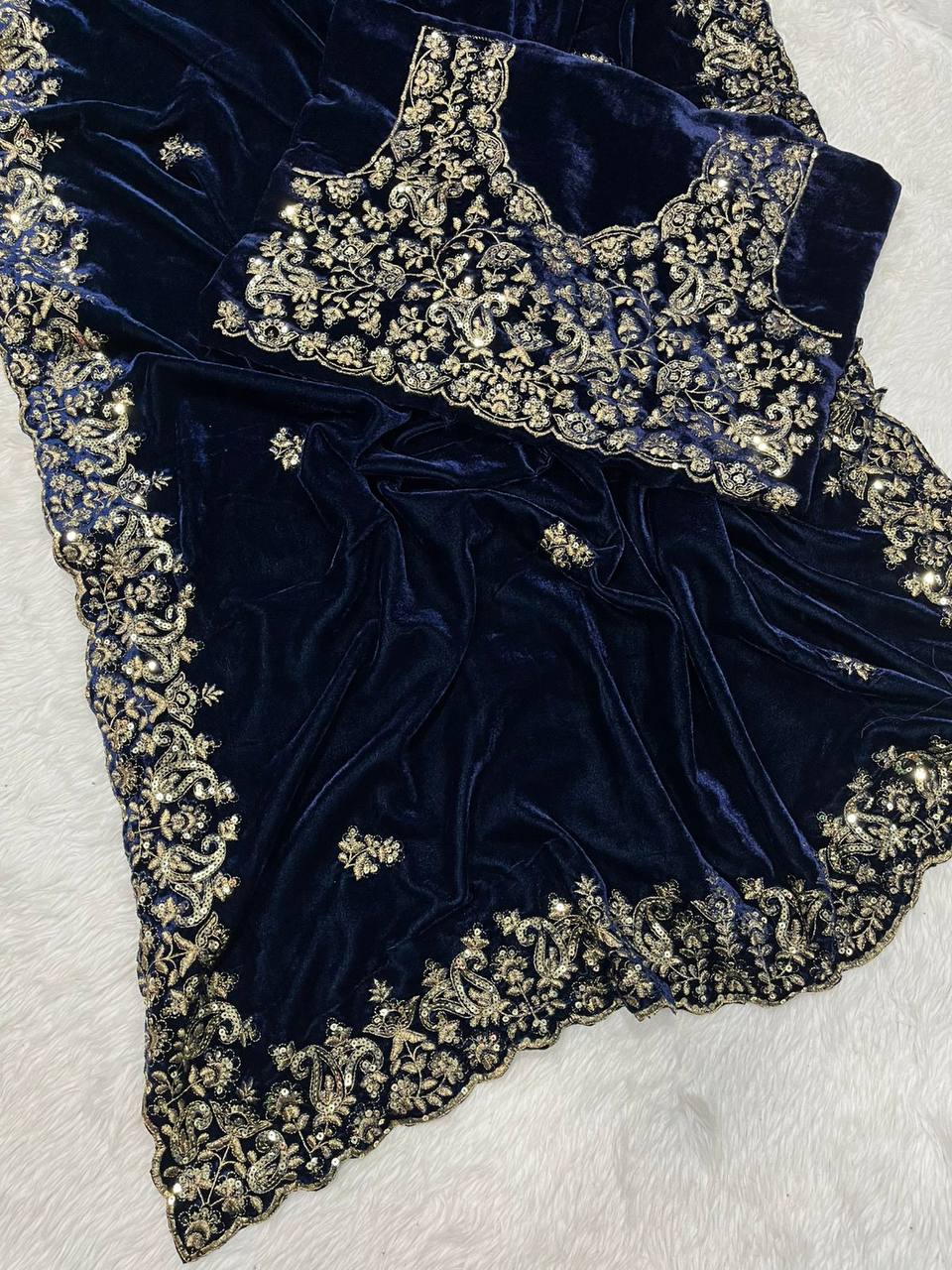 NavyBlue Designer Wedding Wear Velvet Saree