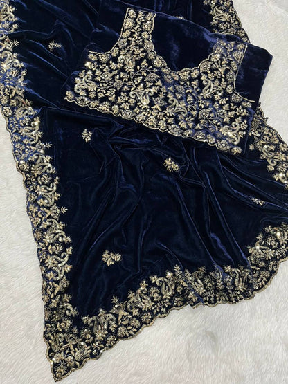 NavyBlue Designer Wedding Wear Velvet Saree