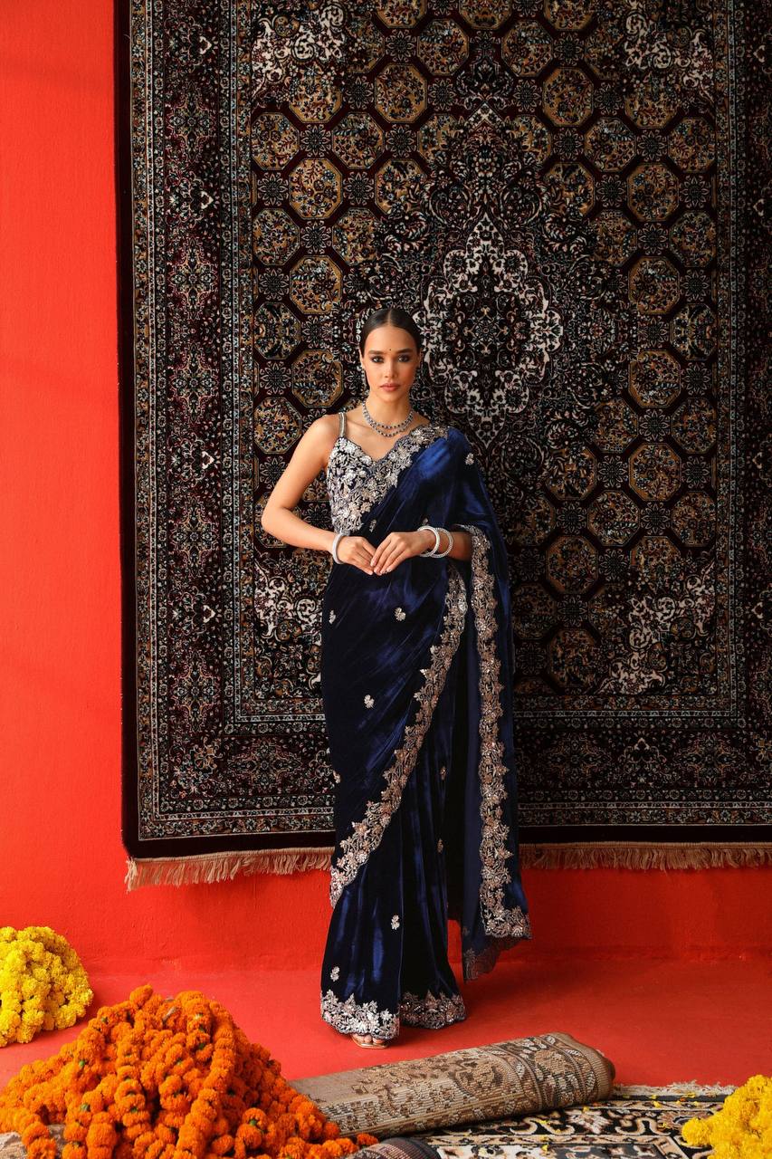 NavyBlue Designer Wedding Wear Velvet Saree