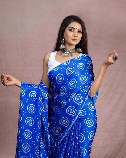 Blue Digital Printed Japan Satin Saree