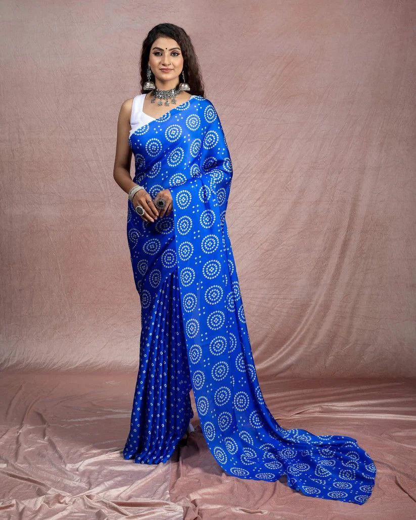 Blue Digital Printed Japan Satin Saree