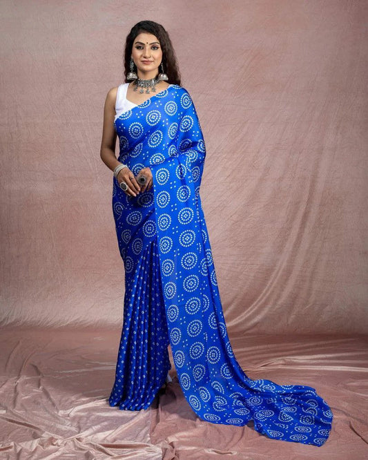 Blue Digital Printed Japan Satin Saree