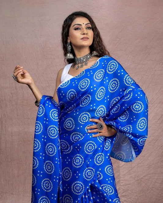Blue Digital Printed Japan Satin Saree