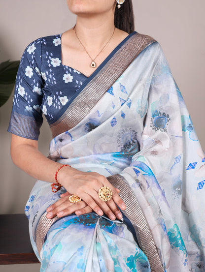Blue Floral Printed Tussar Silk Saree