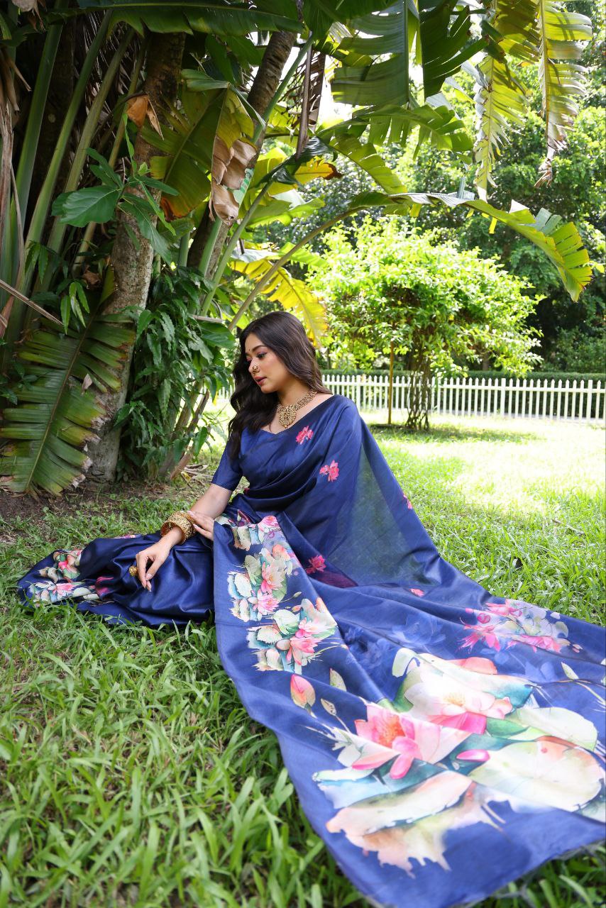 Blue Lotus Printed Tussar Silk Saree