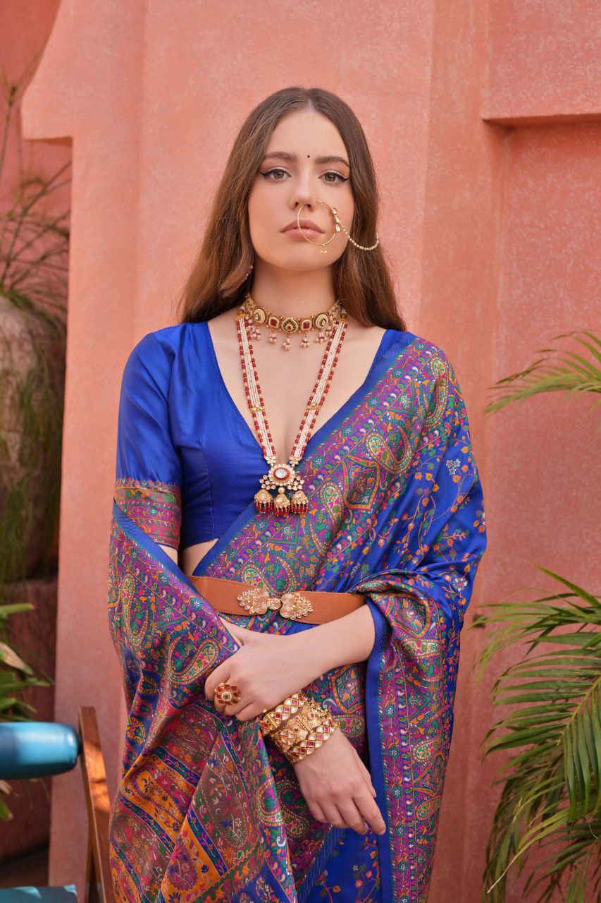 Blue Pashmina Silk Saree For Wedding