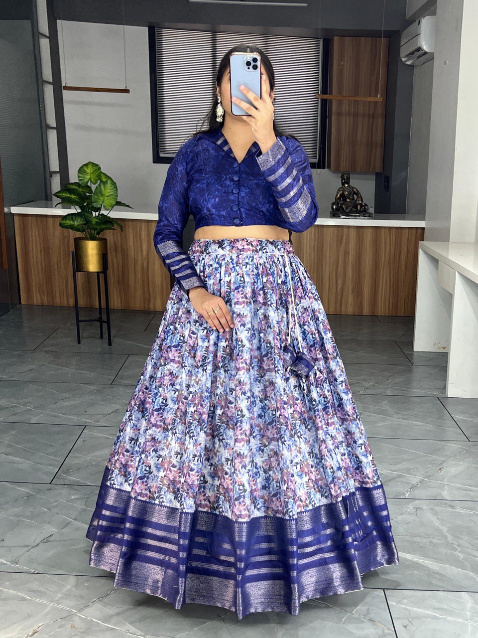 Blue Printed Ethnic Silk Co-ord Set