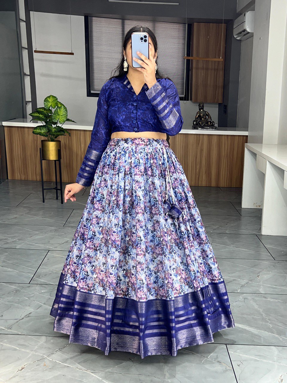 Blue Printed Ethnic Silk Co-ord Set