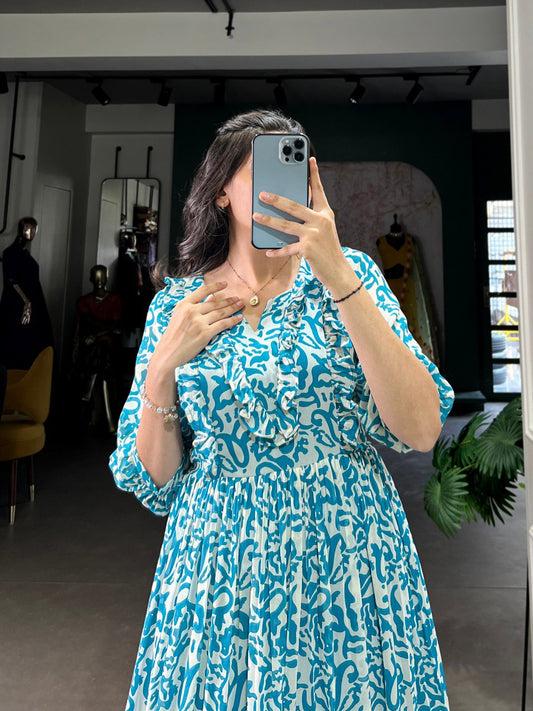 Blue Stylish Printed Georgette Frock Dress