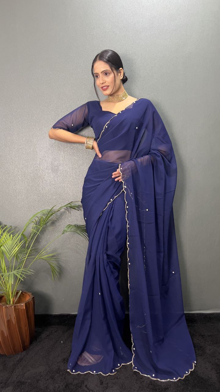 Blue Stylish Ready Made Georgette Saree