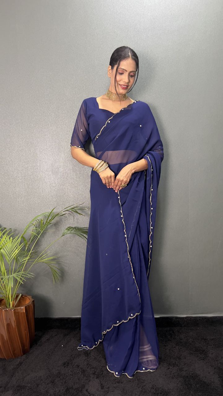 Blue Stylish Ready Made Georgette Saree