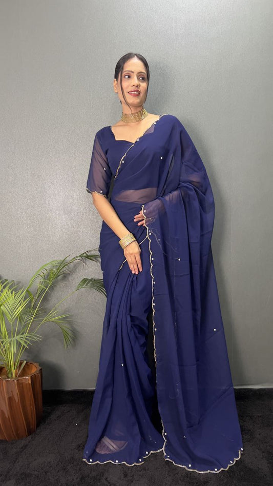 Blue Stylish Ready Made Georgette Saree