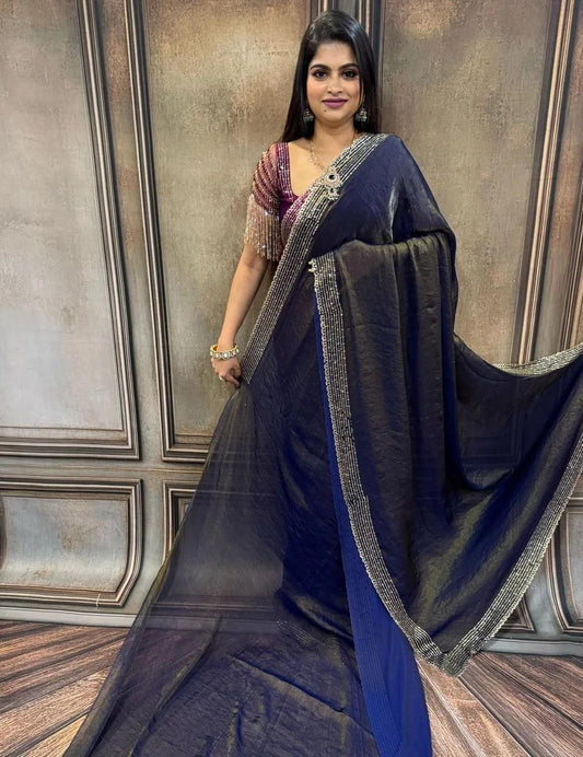 Bluish Purple Designer Party Wear Space Silk Saree