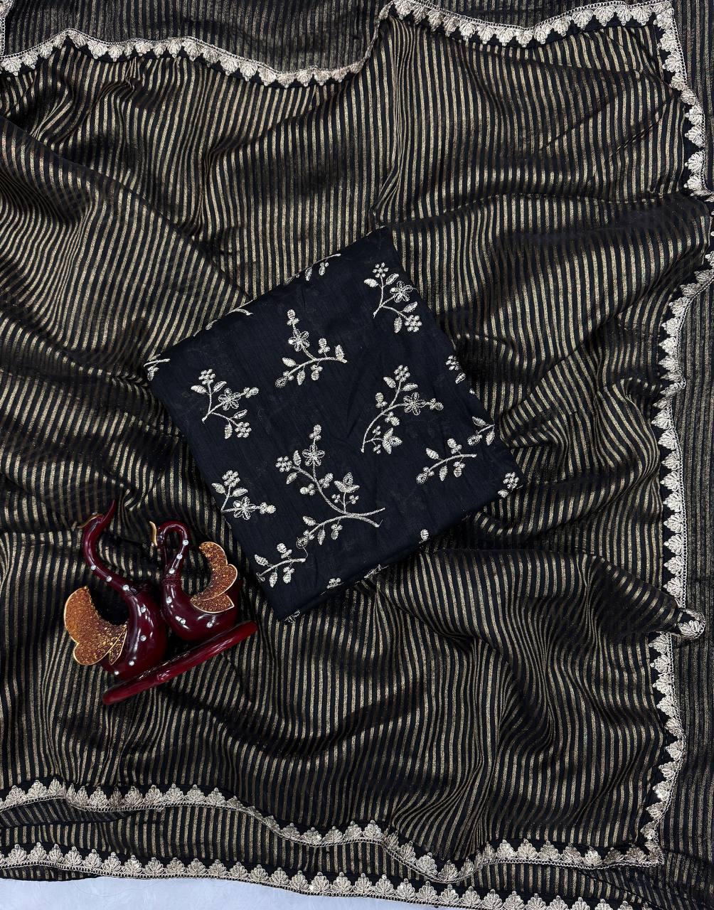 Bollywood Celeb Look Gold Zari Line Tissue Saree | Clone Design