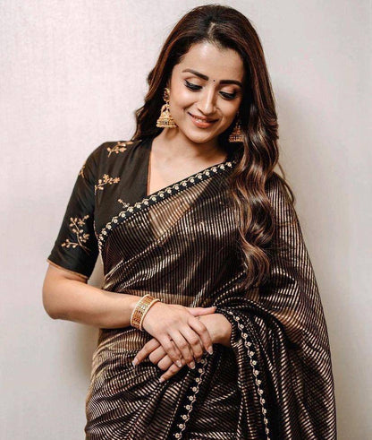 Bollywood Celeb Look Gold Zari Line Tissue Saree | Clone Design