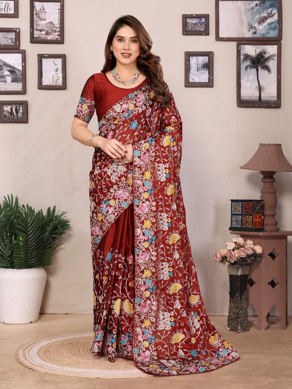 Brick Red Designer Rangoli Silk Saree