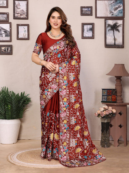Brick Red Designer Rangoli Silk Saree